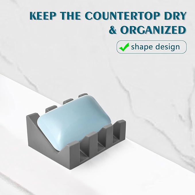 Self Draining Soap Dish,Silicone Suction Cup Soap Holder, Bathroom Soap Dish for Bar Soap,Can Extend Soap Life,Bathroom, Bath Tub, Kitchen Sink (4, Grey)