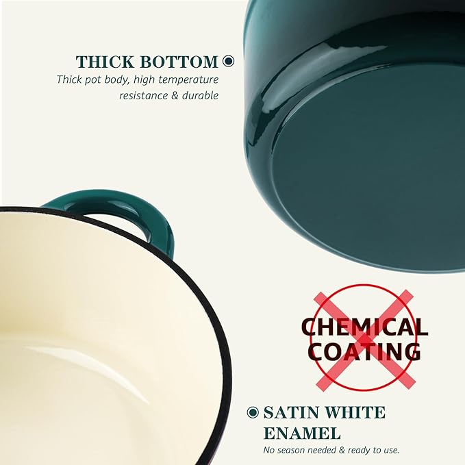 Overmont Enameled Cast Iron Dutch Oven - 7QT Pot with Lid Cookbook & Cotton Potholders - Heavy-Duty Cookware for Braising, Stews, Roasting, Bread Baking bottle green