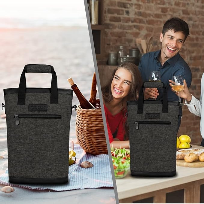 opux Two Bottle Wine Bag Carrier Tote, Insulated Leakproof 2 Bottle Wine Cooler Bag for Travel BYOB Picnic, Portable Wine Case, Gift for Men Women Wine Lover Birthday Party Christmas, Charcoal Gray
