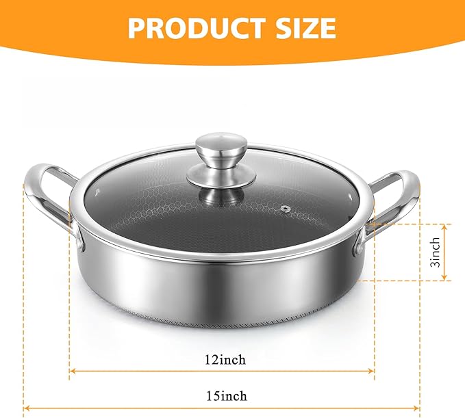 Stainless Steel Saute Pan 12 inch Deep Frying Pan,5 Quarts Nonstick Skillet Large Sauté Pan with Lid,PFOA Free Cookware,Induction Compatible Chef Cooking Pan,Dishwasher & Oven Safe