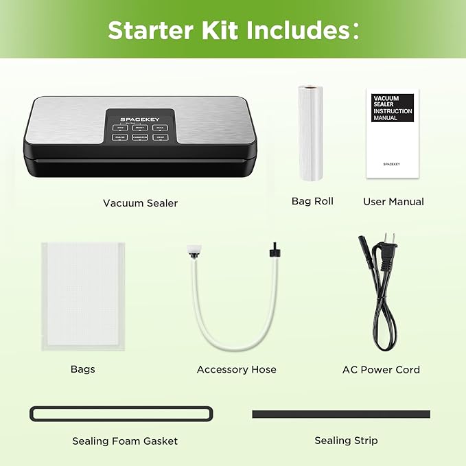 SPACEKEY Vacuum Sealer Machine, 85Kpa Food Vacuum Machine, Food Vacuum Sealer with Bag Roll Storage Space, Dry&Moist Modes, Pulse Function, Built in Cutter, Bag Roll included, Silver