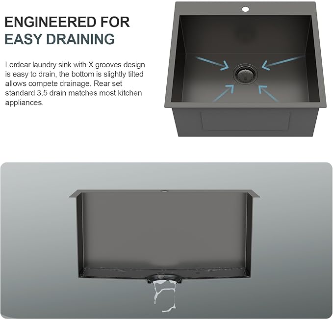 Lordear 25 Drop In Laundry Sink Black 25"x22"x12" Deep Laundry Utility Sinks Topmount Single Bowl Sink 16 Gauge Stainless Steel Laundry Room Sinks