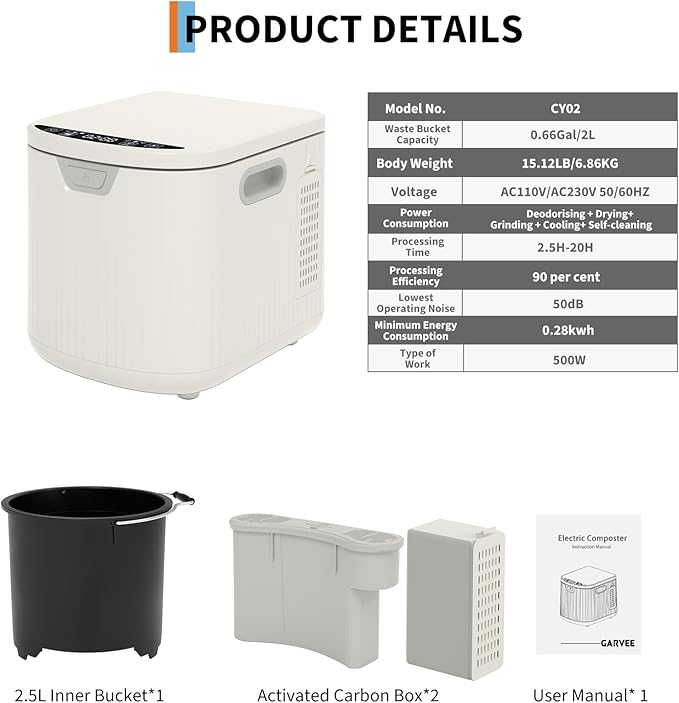 2.5L Electric Kitchen Composter Smart Odorless Compost Bin Auto-Cleaning Countertop Food Waste Composting Machine -Fast 4-6H Food Waste to Fertilizer Conversion for Outdoor Use (White