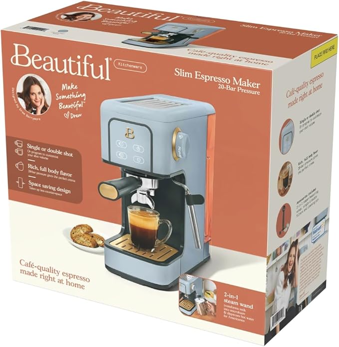 Beautiful Slim Espresso Maker by Drew Barrymore – 20‑Bar Pressure, Dual‑Spout 52 mm Portafilter, 50 oz Removable Tank, 2‑in‑1 Steam Wand & Touch Controls (Cornflower Blue)