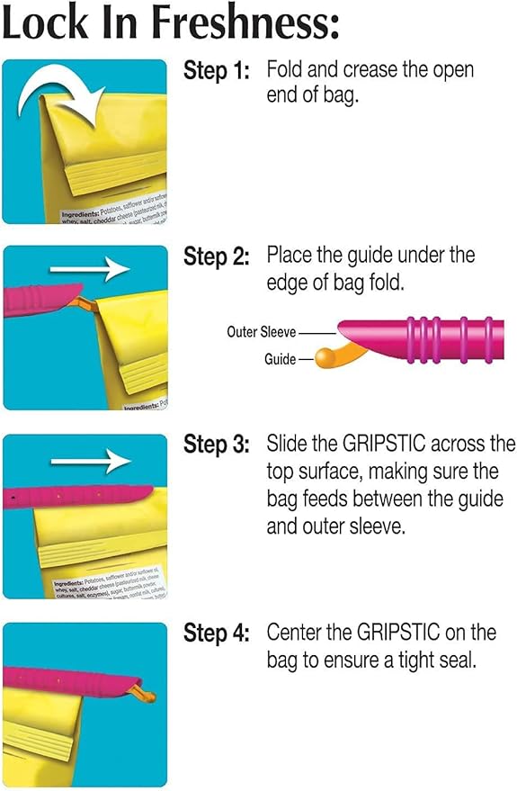 GRIPSTIC Bag Sealer - Reusable Chip Bag Clips. Patented. Airtight & Waterproof Seal on Food Storage Bags, Kids Snacks & More. Near Zero Waste. 12ct Large