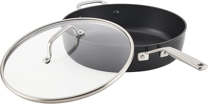KitchenAid Hard Anodized Induction Nonstick Cookware Saute Pan/Jumbo Cooker with Lid and Helper Handle, Dishwasher Safe, 5 Quart Non Stick Sauteuse with Stainless Steel Handles - Matte Black