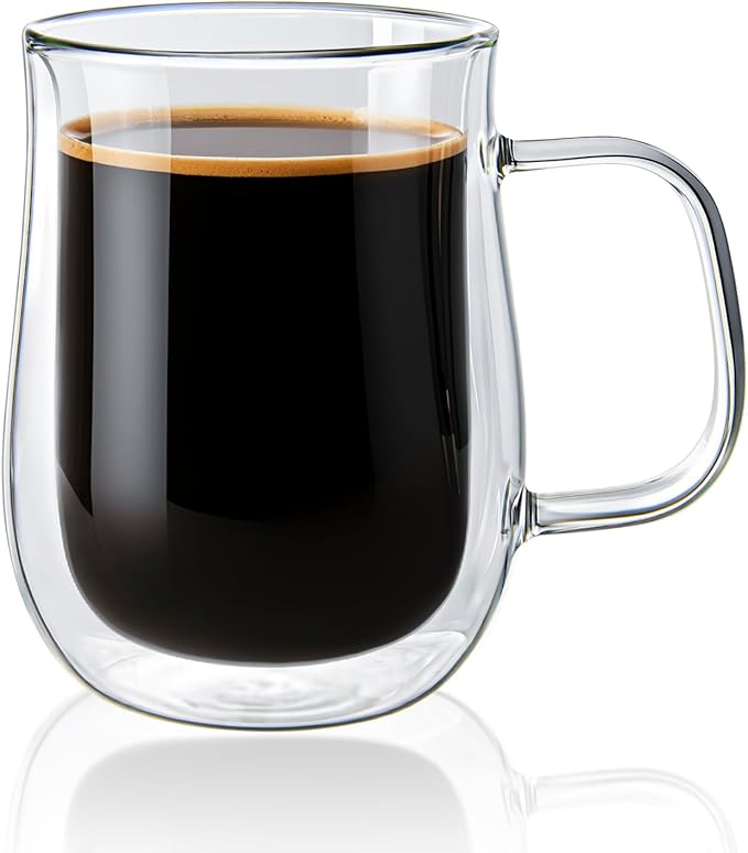 Double Walled Glass Coffee Mugs 16 OZ, Borosilicate Glass Coffee Cups Set of 2 with Spoons, Insulated Clear Coffee Mug for Hot Beverages, Cappuccino, Latte, Tea Bag.