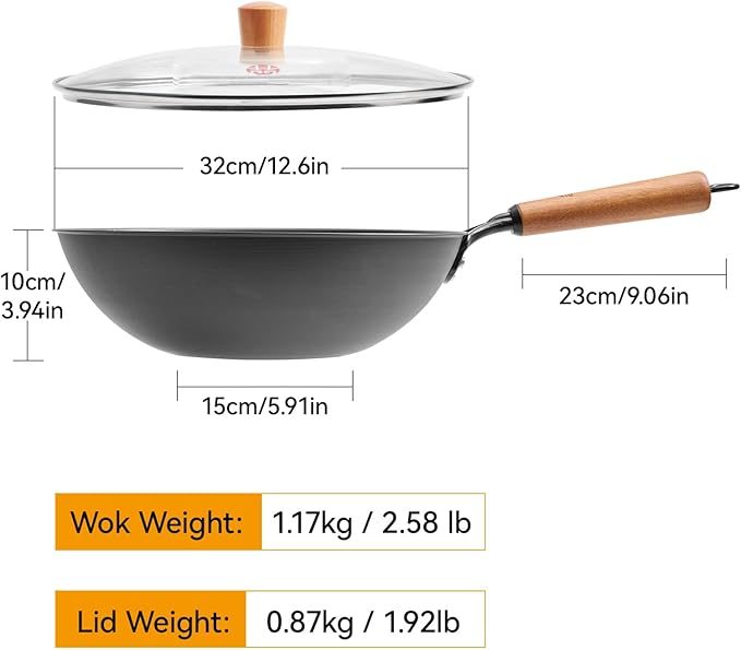 WANGYUANJI 12.6 Inch Iron Wok with Glass Lid, Flat Bottom Stir Fry Pan with Wooden Handle, Non-Coated Naturally Nonstick Skillet, Traditional Chinese Wok for Gas, Electric & Induction Cooking