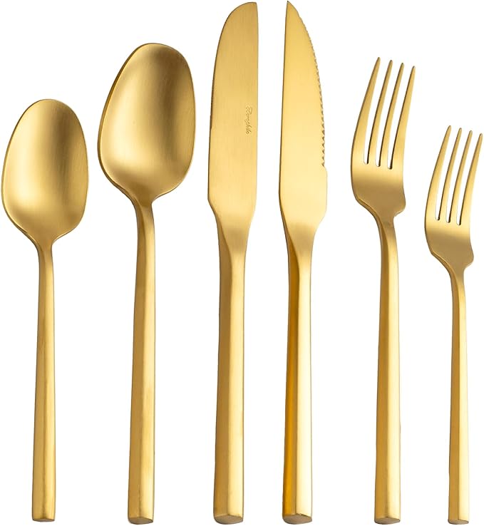 Gold Silverware Set with Steak Knives,Zerophilo Flatware Set with Hexagon Handle 24 Pieces 18/0 Stainless Steel Cutlery Set for 4,Dishwasher Safe