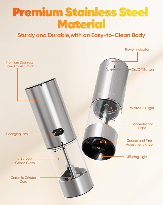 Electric Salt and Pepper Grinder Set Rechargeable, Automatic Salt and Pepper Grinder Set for Kitchen, USB Charging Base & LED Light, Adjustable Coarseness, Stainless Steel