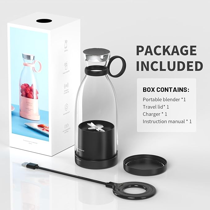 OTPEIR Portable Blender for Shakes and Smoothies with 11.83 Oz Travel Cup and Lid,Durable Stainless Steel Blades for Juice Blending Performance, Black