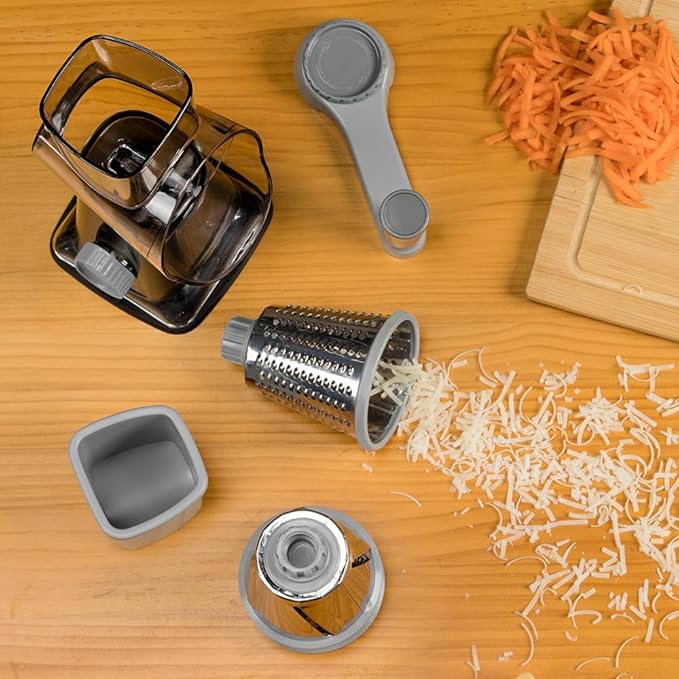 Cheese Grater Hand Crank Rotating Cheese Shredder Stainless Steel Vegetable Slicer Grater for Kitchen 3 Blades for Cheese, Carrot, Cucumber, Nuts, Chocolate, Dark Grey