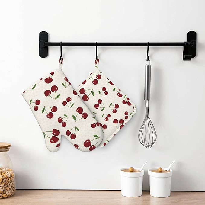 Cherry Berries Oven Mitts and Pot Holders Set of 4 Silicone Watercolor Cherries Kitchen Mitten Gloves and Non-Slip Potholders Set Heat Resistant Oven Gloves Hot Holders for Kitchen