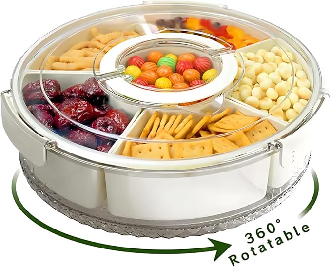 Rotating Snack Box Container - Large Divided Serving Tray with Lid - Snack Spinner for Kids -Pie Carrier,Mess-Free Snack Container - Veggie Tray with Lid for Fridge - Spinning Snack Container