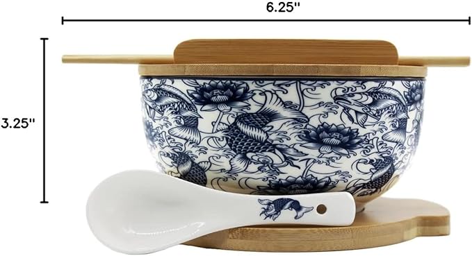 XWORLD Japanese Ceramic Ramen Noodle Bowls Set with Ceramic Spoon, Bamboo Chopsticks, Lid & Trivet, Serving Capacity of 33.8 OZ, Microwavable Oven Safety (3.3” x 6.6” D) (Blue Fish)