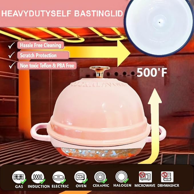 Dutch Oven for Bread Baking,6 Quart Enamel Bread Oven for Sourdough,10.5"Bread Oven with Lid,Bread Pans for Homemade Bread,Pink Thick Enamel Bread Pan-with Silicone Baking Mat&Recipe,Gifts for Family