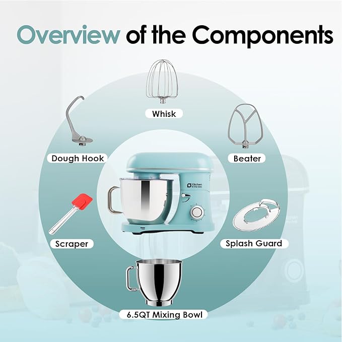 Kitchen in the box Stand Mixer - 6.5 Quart Mixing Bowl with Handle, 900 Watt Powerful Heavy Bread Dough Standing Mixers Tilt-head with Dough Hook, Whisk, Flat Beater and Splash Guard (Blue)