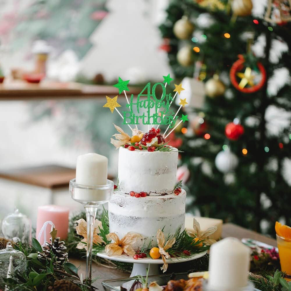 Glittery 40th Happy Birthday Cake Topper with Star,Personalised 40 Birthday Cake Toppers Party Decorations Party Supplies for Boys Girls Green Gold