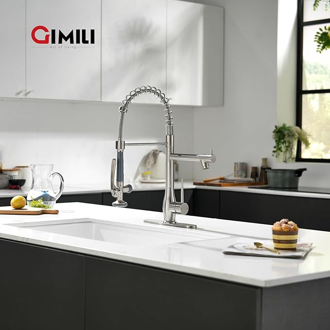 GIMILI Kitchen Faucet with Pull Down Sprayer Single Handle High Pressure Brushed Nickel Kitchen Sink Faucet Commercial Double-Headed Stainless Steel Kitchen Faucets Sink with Deck Plate