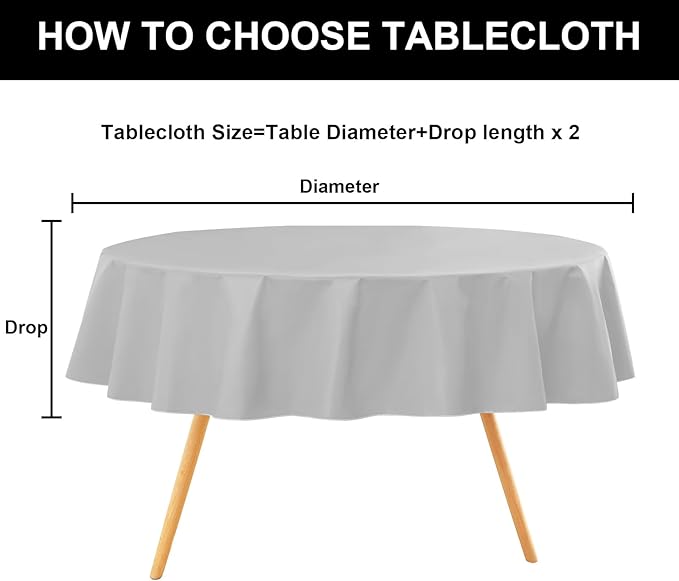 homing Round Vinyl Tablecloth, Waterproof Spillproof Plastic Flannel Backed Table Cloth, Wipe Clean Table Cover for Dining, Buffet Parties and Camping (Light Grey, 60")