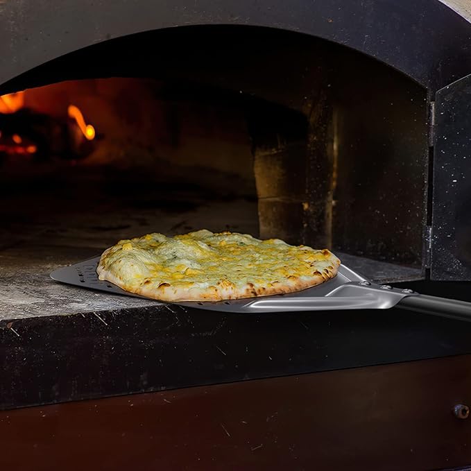 4 Piece Pizza Oven Kit, 9 Inch Turning Peel, 12 Inch Perforated Pizza Peel, Oven Brush and Ash Rake, Wood Burning Commercial Oven Accessoires for Home, Restaurant