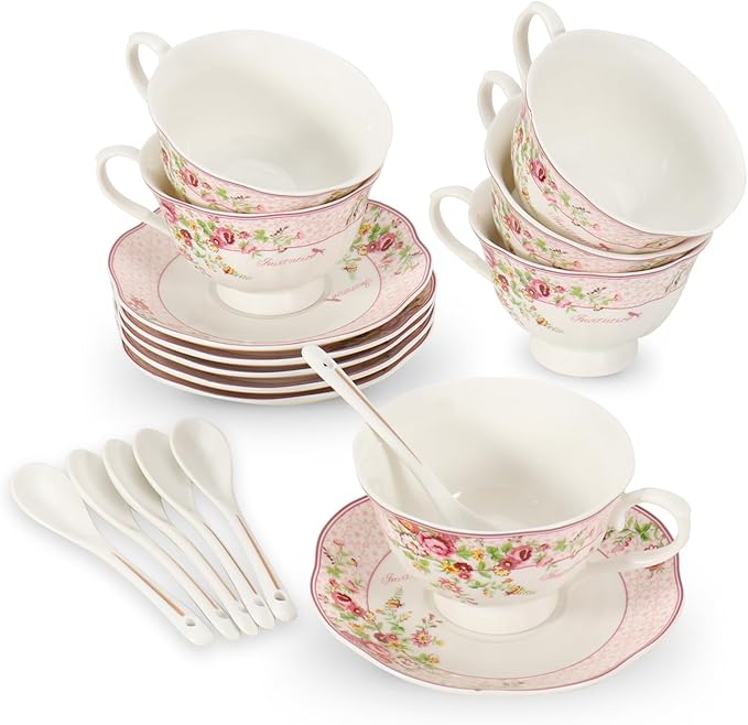 Cup and Saucer Sets of 6 with Spoon, 8oz Ceramic Tea Cups Saucers Set Porcelain New Bone China Floral Vintage Coffee Cup & Saucer Sets -Microwave Dishwasher Safe (Pink)