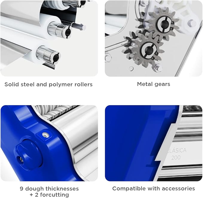 PASTALINDAClassic 200 Pasta Maker Machine, 20 cm Wide Rollers, 9 Thickness Positions, 2 Cutting Positions, Stainless Steel. Includes Reinforced Hand Crank And Two Clamps (Blue)