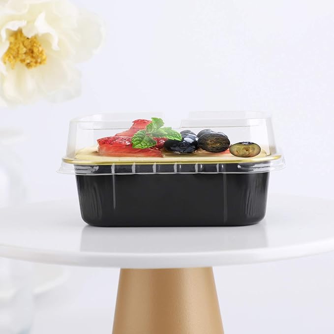 EUSOAR Aluminum Foil Cups, 5.7oz 50pcs Baking Cups with Lids, Snacks Desserts Flan, Cupcake Pie Ramekin, Recyclable Catering Shower Wedding Party Favor Baking Cups-Black Gold