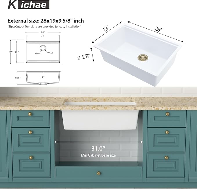 Kichae White Undermount Kitchen Sink 28 inch Granite Composite - 28 x 19 White Kitchen Sink Quartz Workstation Sinks