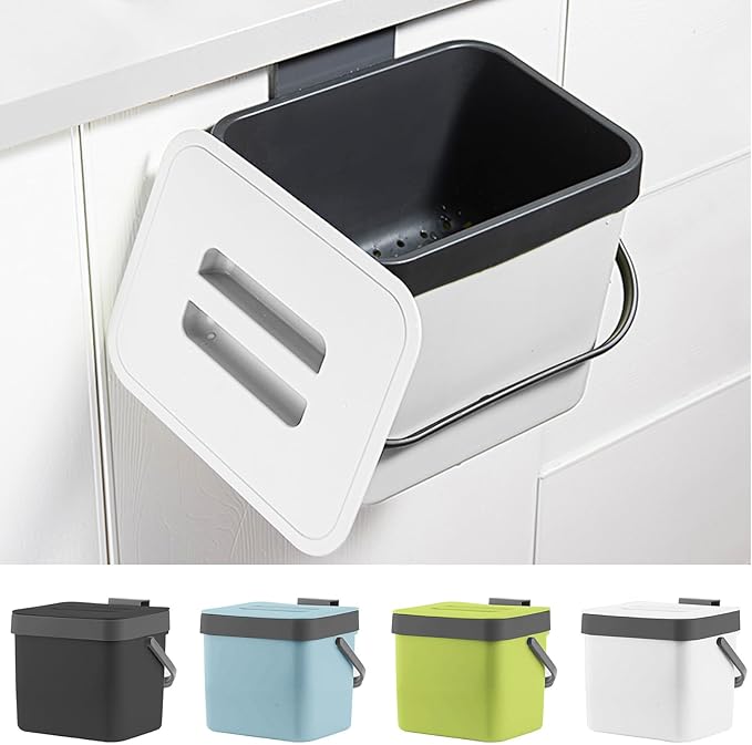 Kitchen Compost Bin Countertop, LALASTAR Hanging Trash Can with Lid for Kitchen Cabinet Door, Wall-Mounted Compost Pail with Colander, 1.8 Gallons, White