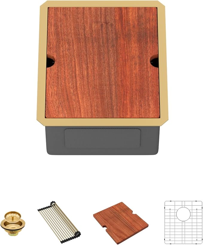 Lordear Gold Undermount Bar Sink 15x18x9 Inch Kitchen Sink Workstation 16 Gauge Stainless Steel Small Single Bowl