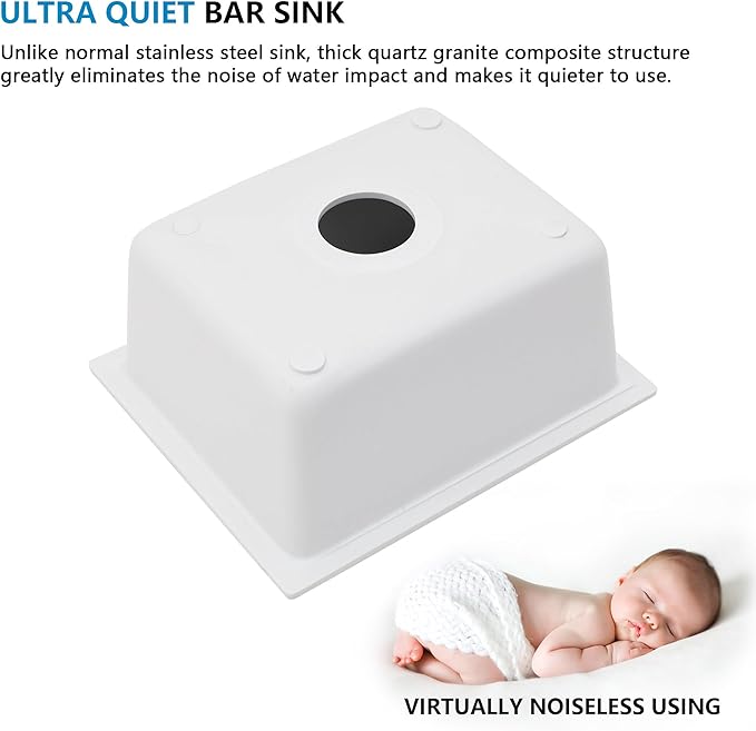 15"x18" Undermount Bar Prep Sink – White Granite Composite Quartz Classic Under Counter Single Bowl Sink Basin for Wet Bar, RV, Small Kitchen, Mobile Home