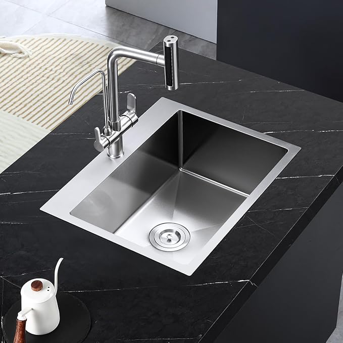 23 Inch Drop in Kitchen Sink Brushed Nickel, 18 Gague Stainless Steel 1 Faucet Hole Single Bowl Deep Kitchen Sink Topmount, D23"xW18"xH9"
