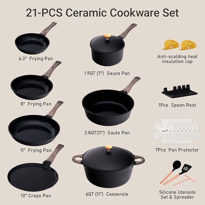 21Pcs Pots and Pans Set with Aluminum Lid, Nonstick Ti-Ceramic Cookware Sets, Induction Cookware Non Stick Cooking Set w/Frying Pans & Saucepans(PFOS, PFOA Free)-Black