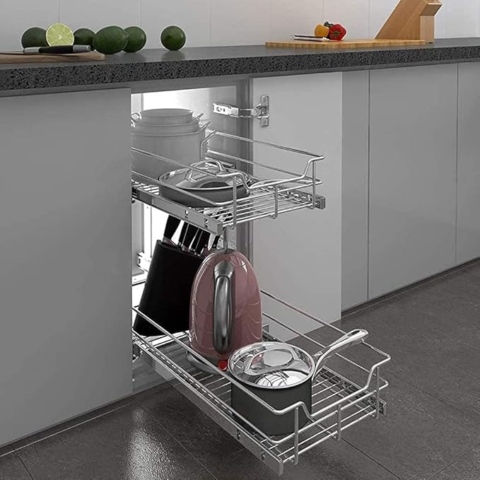 2 Tier Pull Out Cabinet Organizer 20" W X 22" D, Slide Out Drawers For Kitchen Cabinets, Pull Out Drawers For Cabinets Capacity Heavy Duty Caddy, Cabinet Pullout Shelves Chrome-Plated,Bathroom Pantry