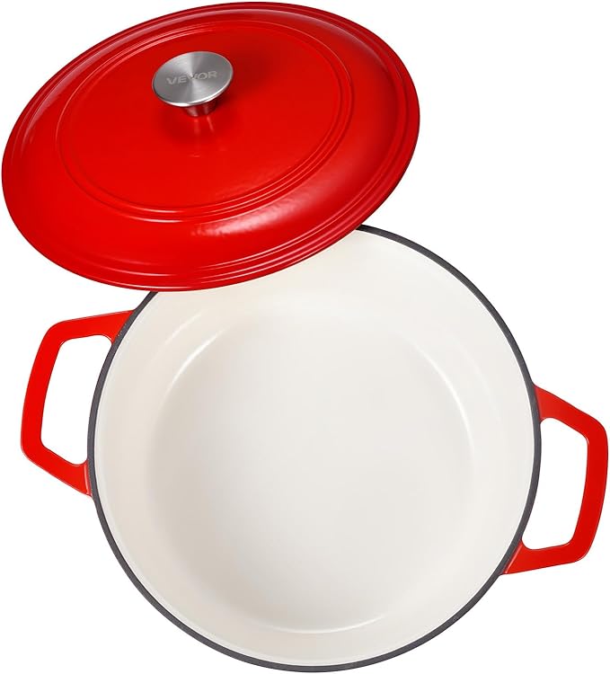 VEVOR Enameled Cast Iron Dutch Oven, 6 Quart Pot with Lid and Dual Handles, Heavy-Duty Durable Cookware Pan, Oven Induction Compatible up to 500℉, for Braising, Stews, Roasting, Bread Baking, Red
