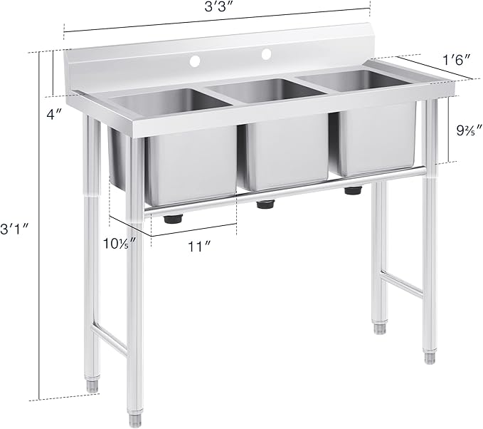 WILPREP Stainless Steel 3 Compartment Commercial Sink with s, Kitche Station with 11x10 Inch Basins, Utility Sink for Restaurant Bar Home Laundry Room Garage