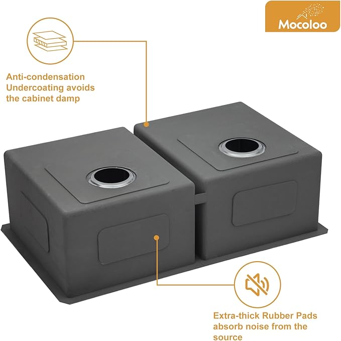 Mocoloo 33 Inch Kitchen Sink Double Bowl 16 Gauge 33 x 19 Stainless Steel Undermount Double Sink 50/50 Two Equal Compartment Under Counter Handmade, 10'' Deep Basin