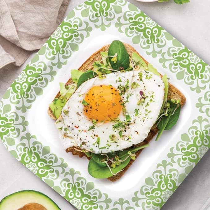 Glad Square Disposable Paper Plates, Green Victorian Pattern - Strong, Sturdy, Soak Proof, and Microwavable Decorative Plates for Dinner and Everyday Use, 10 Inch, 50 Count - 12 Pack