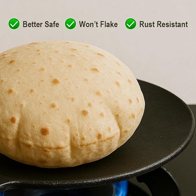 Concave Cast Iron Skillet Tawa – 10-Inch Pre-Seasoned Griddle Pan with 5.5-Inch Handle for Pancakes, Quesadillas, Grilled Sandwiches & More