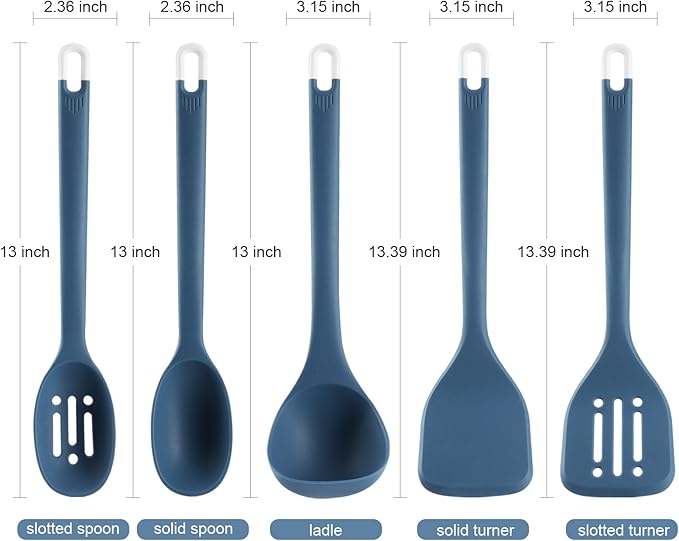 Silicone Kitchen Cooking Utensils Set: MOACC Heat Resistant 13inch Long Kitchen Gadgets, BPA Free Non Stick Rubber Cook Accessories For Food Prep, Frying, Serving, Basting (Dark Blue)