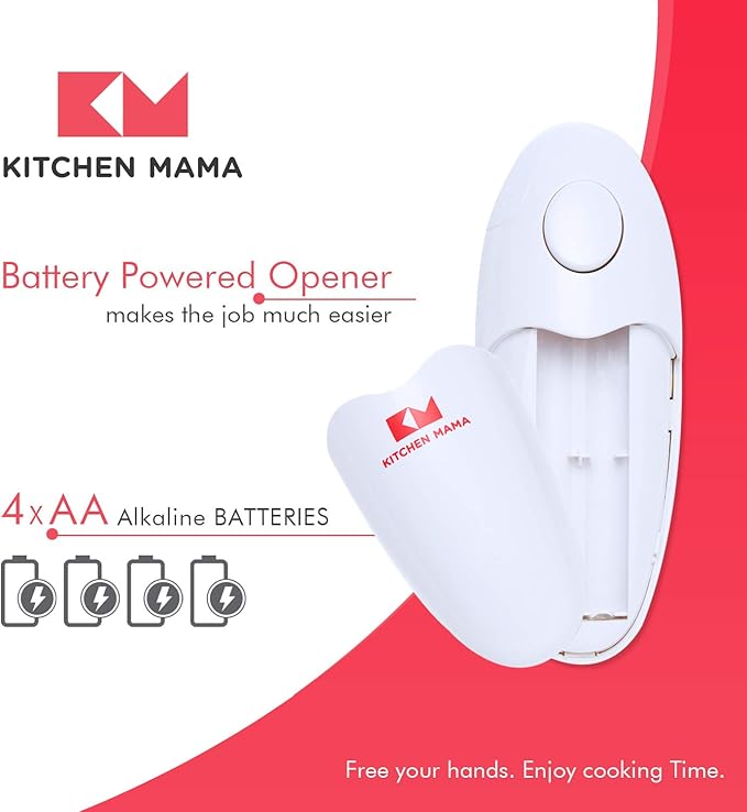 Kitchen Mama Auto Electric Can Opener: Open Your Cans with A Simple Press of Button - Automatic, Hands Free, Smooth Edge, Food-Safe, Battery Operated, YES YOU CAN (White)