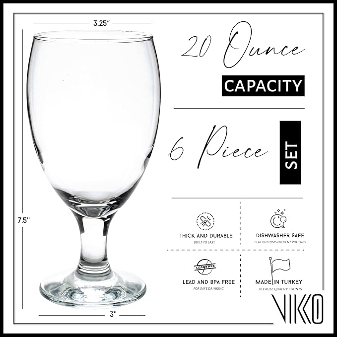 Vikko Classic Goblet Party Glasses, Iced Tea Glasses 20 Ounce, Set of 6 Goblets, Water Glasses, Dishwasher Safe Durable Glassware