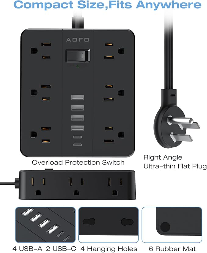 15FT Surge Protector Power Strip,12 AC Outlets with 6 USB Ports (2 USB-C), Flat Plug Extension Cord with Multiple Outlets, Wall Mount for Home Office,Dorm, Black