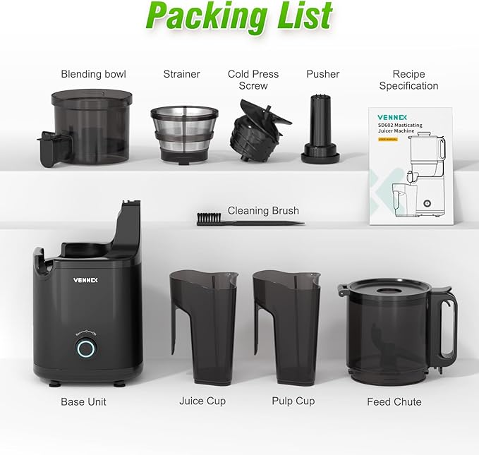 VENNXE Cold Press Juicer, Masticating Juicer with 5.7" Large Feed Chute for Whole Vegetables and Fruits, Dual Auger Juice Extractor Machines for High Juice Yield, Easy to Clean and Assemble, Black