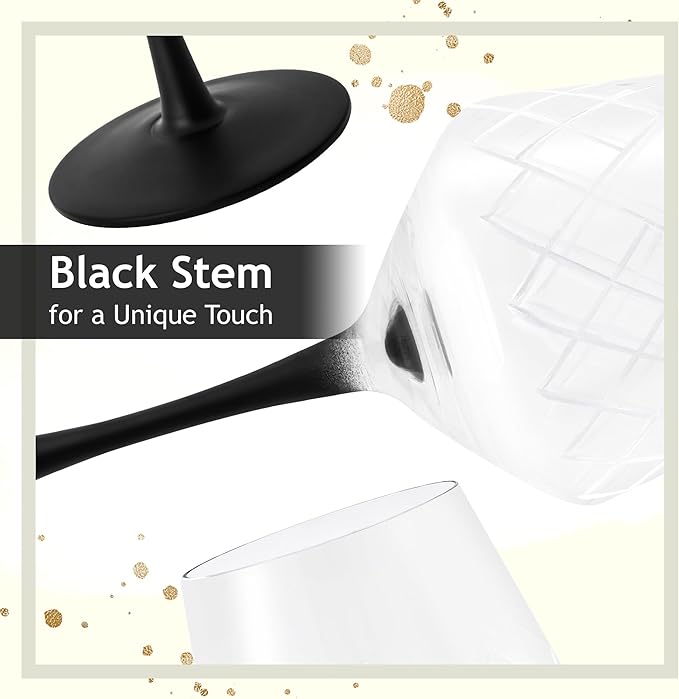 MIAMIO Premium Crystal Wine Glasses, Set of 4 with Black Long Stem, Unique Crystaluna Collection