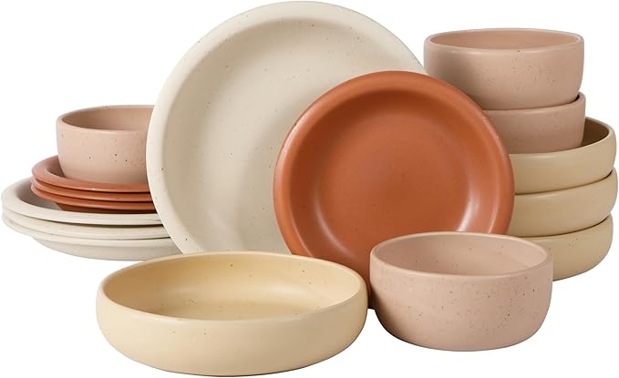 Bloomhouse - Two Time Oprah's Favorite Things Winner - Corsica Clay 16 Piece Stoneware Rustic Reactive Glaze Dinnerware Set - Stackable Plates and Bowls Set. Service for 4 - Matte Assorted Colors