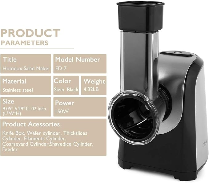 Homdox Electric Cheese Grater 5 in 1 Professional Electric Slicer Shredder 150W Cheese Grater One-Touch Control Salad Maker for Home Kitchen Use, Electric Salad Machine for Cheese, Fruits, Vegetables