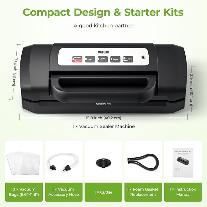 Vacuum Sealer for Food, 90kpa Powerful Automatic Food Sealer Vacuum Sealer for Dry/Moist, 6-in-1 Vacuum Sealer Machine for Food Saver, Easy Lock Handle | Removable Drip Tray | 10 Vacuum Bags