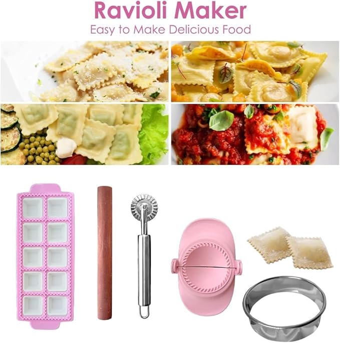 Ravioli Maker Press, Ravioli Press Mold Set, 1.4" Squares Ravioli Stamp Maker Cutter with Wood Rolling Pin, 2.6" Empanada Maker Press Kit with Dough Cutter and Ravioli Wheel, Makes 10 Ravioli